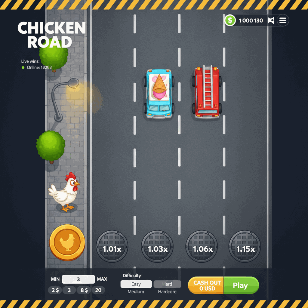Écran de jeu Chicken Road montrant une poule blanche sur le point de traverser une route à plusieurs voies avec des multiplicateurs visibles sur chaque voie et des voitures en mouvement